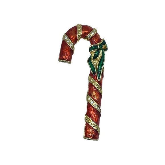 Vintage Christmas Candy Cane Brooch Pin Red Green Bow Rhinestone Stripe Deadstoc - Picture 1 of 2